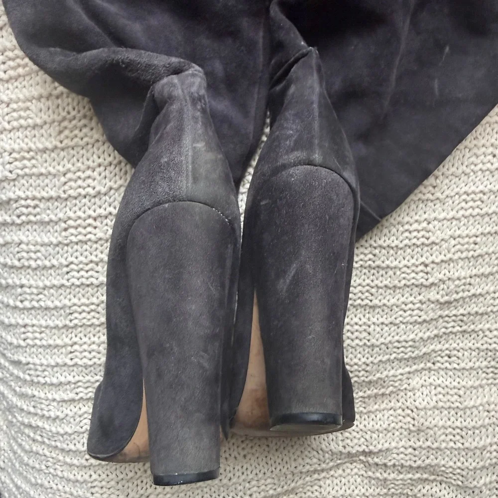 Sergio Rossi Suede Over‎ The Knee Boots Block Heel Dark Gray Size 39.5